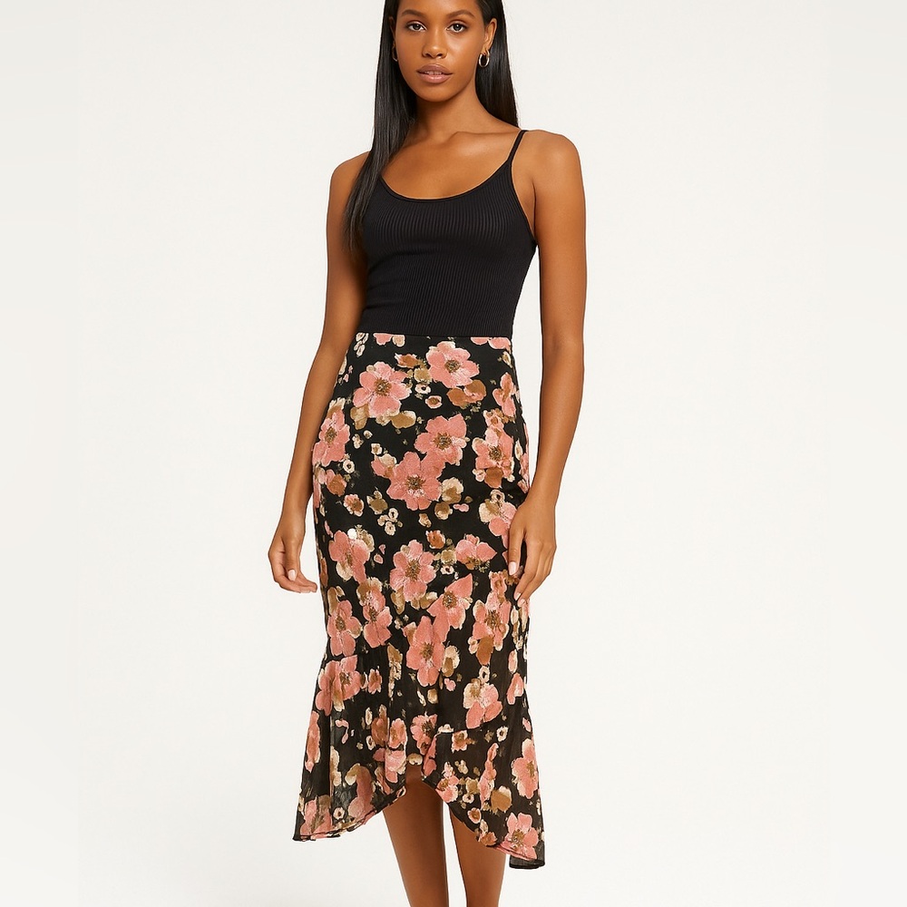 NWT Floral Black and Pink Women's assymetrical Skirt with slit